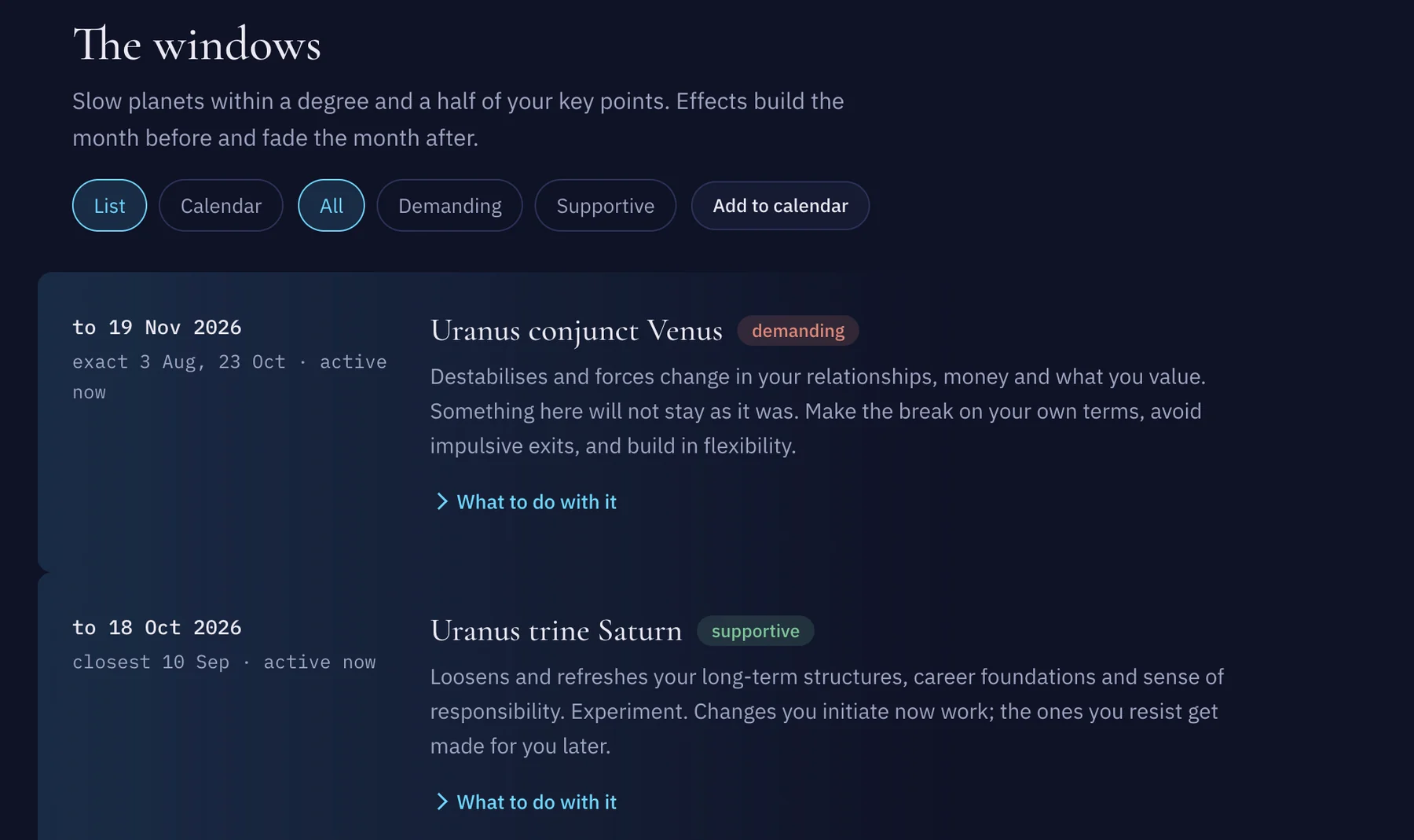 revolutionary.life forecast windows: Uranus conjunct Venus, marked demanding, running to 19 November 2026, and Uranus trine Saturn, marked supportive, running to 18 October 2026, each with a line on what to do with it
