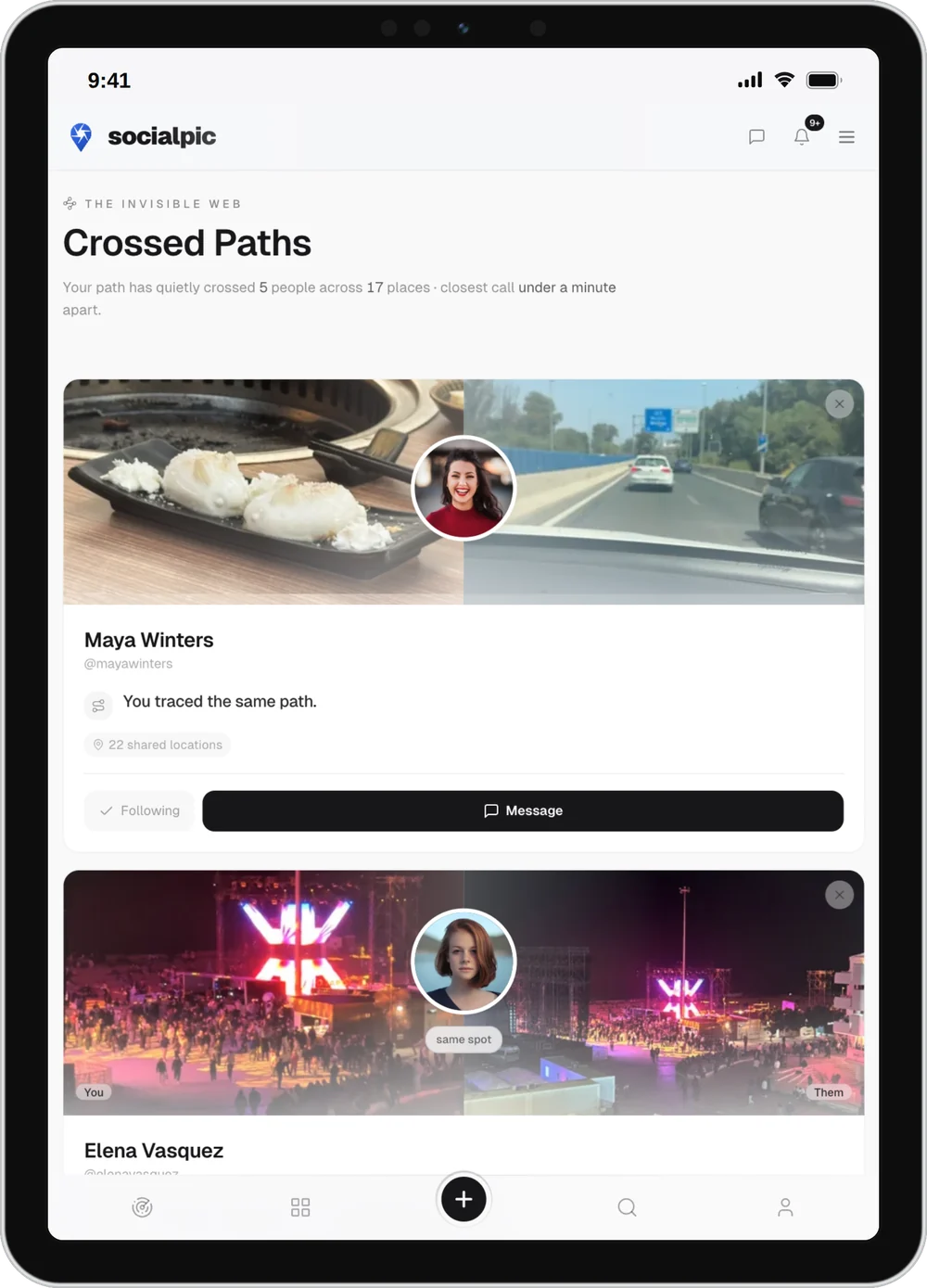 socialpic on iPad, showing Crossed Paths — the people who moved through the same places