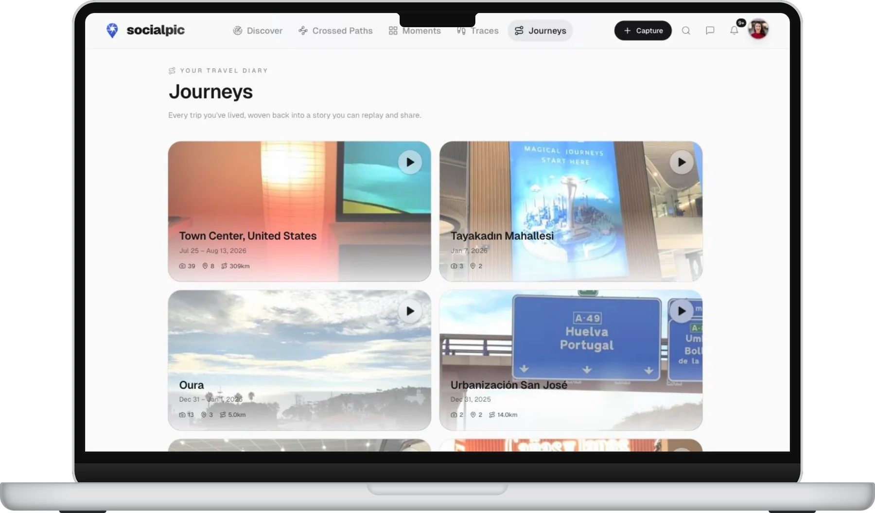 socialpic on desktop, showing Journeys — past trips rendered as replayable stories